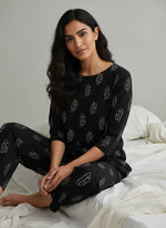 Black Printed Viscose Rayon Round Neck night suit for women - SanskrutiHomes 