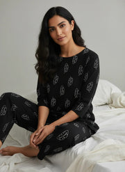 Black Printed Viscose Rayon Round Neck night suit for women - SanskrutiHomes 