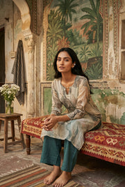 Green Floral Print Round Neck Kurta With Palazzo Set For Women
