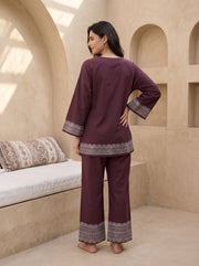 Maroon Floral Print V-Neck Pure cotton Night Suit For Women