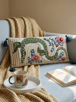 Beige Striped Embroidered Crocodile & Floral Rectangle Cotton Cushion Cover