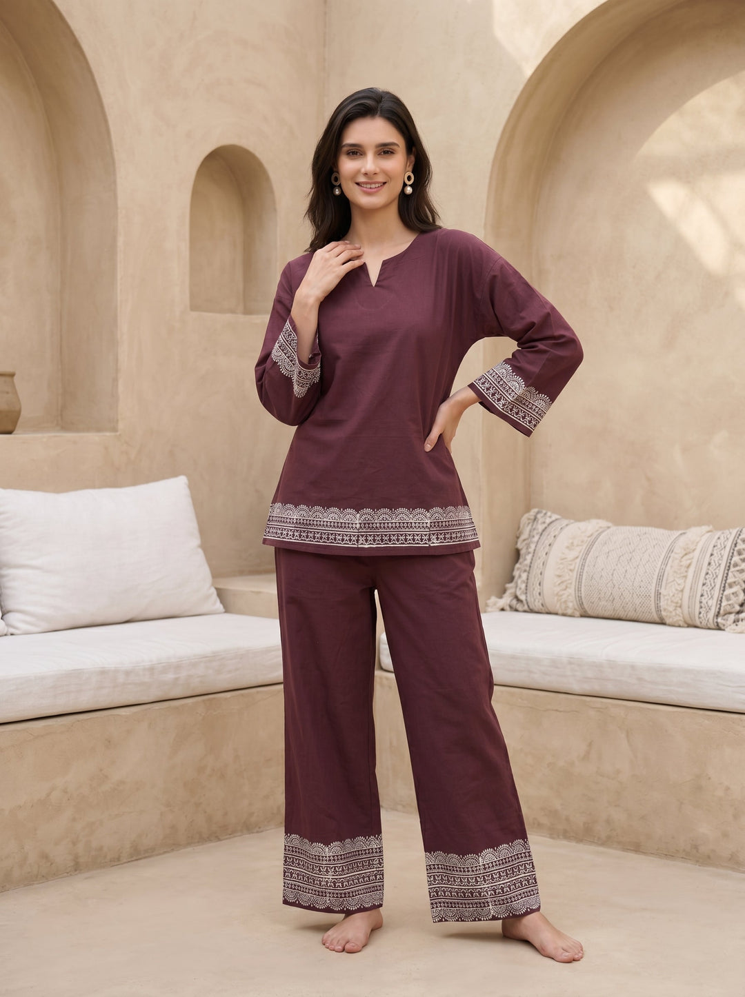 Maroon Floral Print V-Neck Pure cotton Night Suit For Women