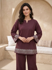 Maroon Floral Print V-Neck Pure cotton Night Suit For Women