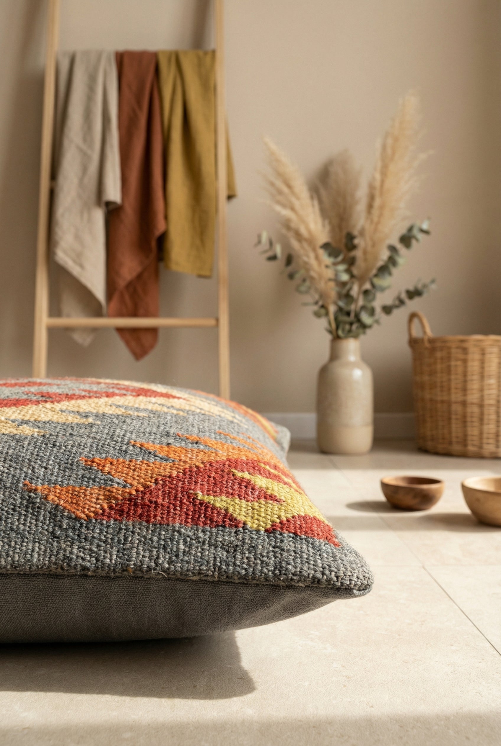 Grey & Orange Jute Cotton Ethnic Motifs Squared Cushion Covers