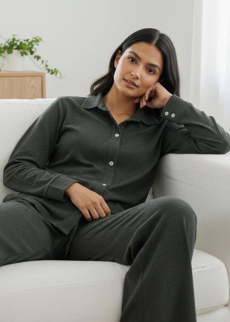 Green Solid Pure Cotton Shirt winter Collar Night Suit for Women - SanskrutiHomes 