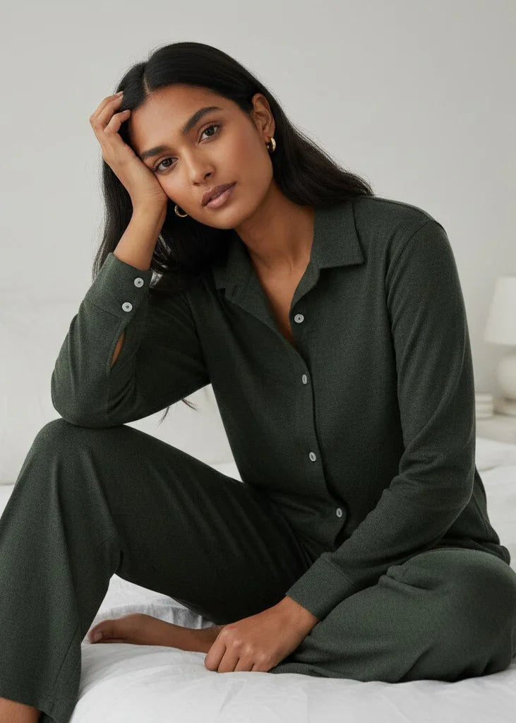 Green Solid Pure Cotton Shirt winter Collar Night Suit for Women - SanskrutiHomes 