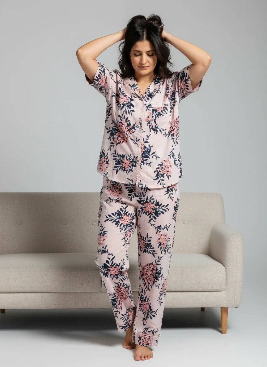 Pink Cotton Printed Night Suit Set with Pajama for Women - SanskrutiHomes 