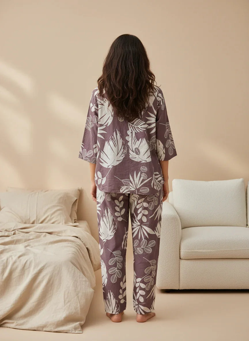 Purple Printed Round Neck Cotton Night Suit Set for Women - SanskrutiHomes 