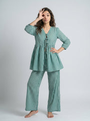 Green V-Neck Stripe Print Pure Cotton Night Suit For Women