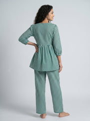 Green V-Neck Stripe Print Pure Cotton Night Suit For Women