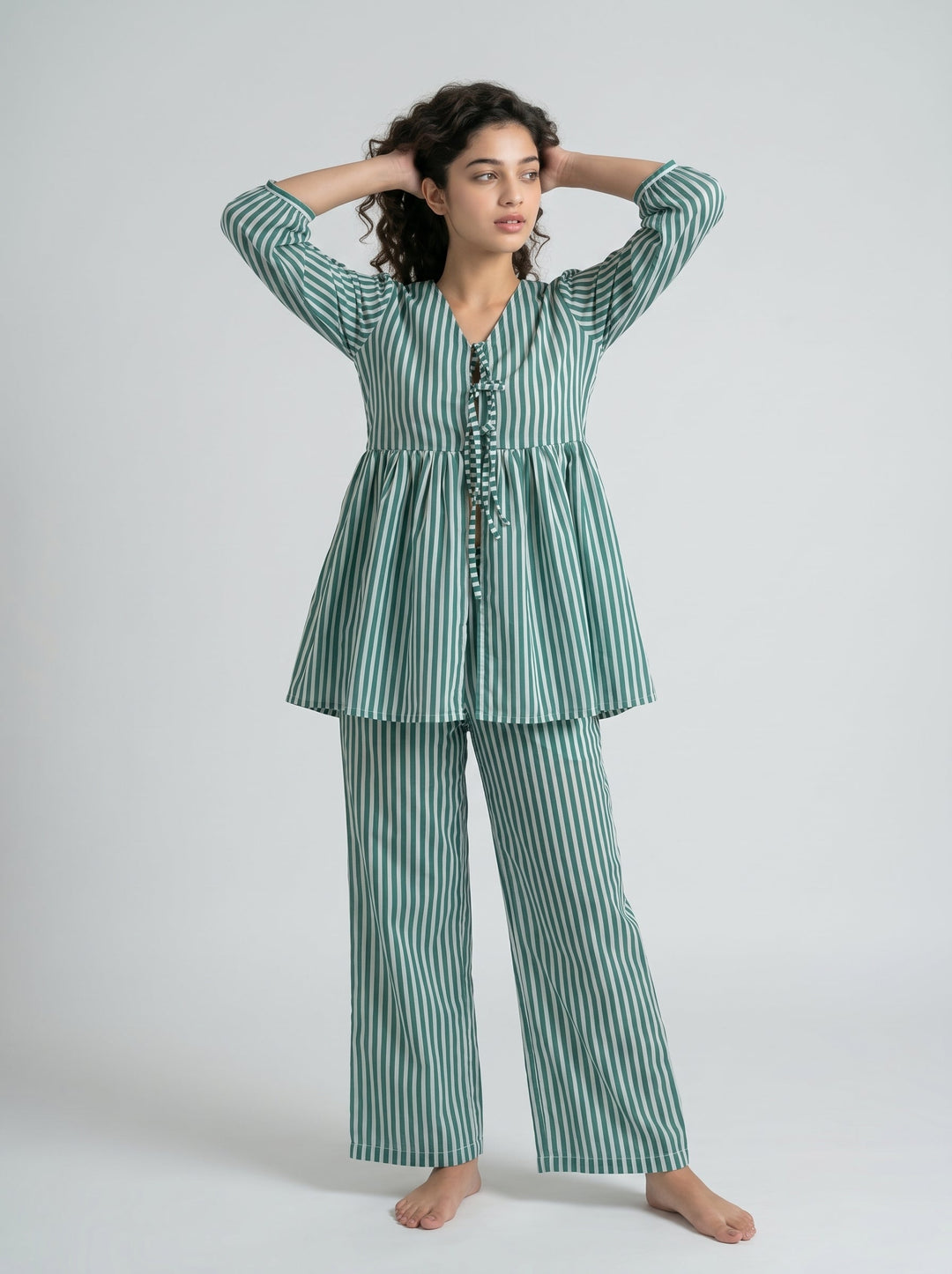 Green V-Neck Stripe Print Pure Cotton Night Suit For Women