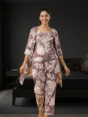 Lilac Leaf Print Round Neck Pure Cotton Three Piece Night Suit Set For Women