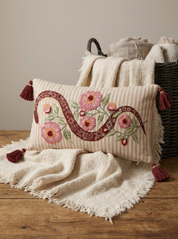 Beige Striped Floral Embroidered Rectangle Cotton Cushion Cover