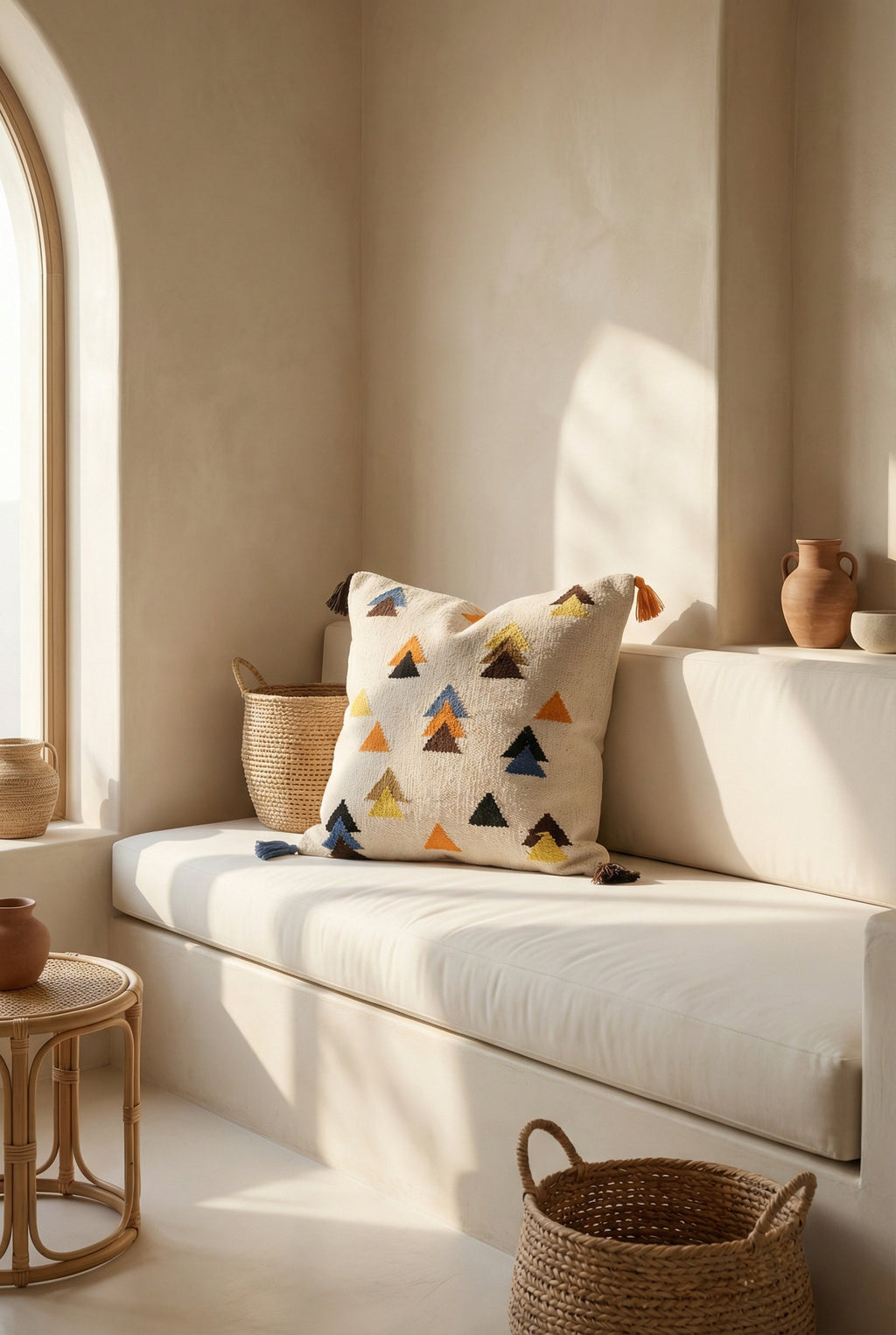 White Geometric Tufted Cotton Squared Cushion Cover