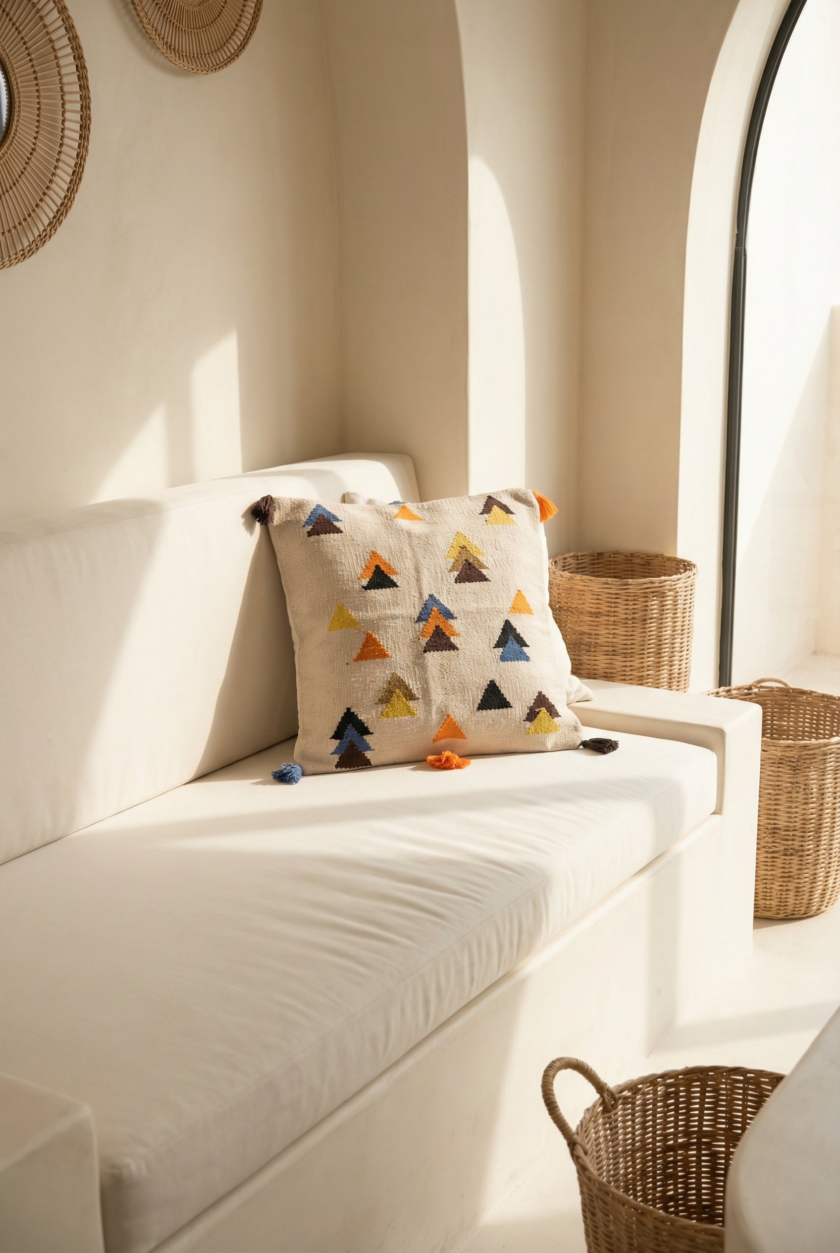 White Geometric Tufted Cotton Squared Cushion Cover
