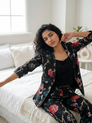 Black Round Neck Floral Print Pure Cotton Three Piece Night Suit Set for Women