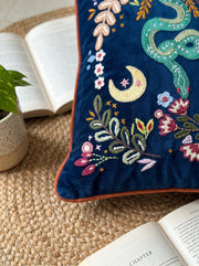 Blue Striped Embroidered Floral Snake Rectangle Cotton Cushion Cover