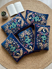 Blue Striped Embroidered Floral Snake Rectangle Cotton Cushion Cover