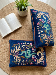 Blue Striped Embroidered Floral Snake Rectangle Cotton Cushion Cover