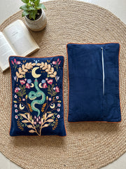 Blue Striped Embroidered Floral Snake Rectangle Cotton Cushion Cover