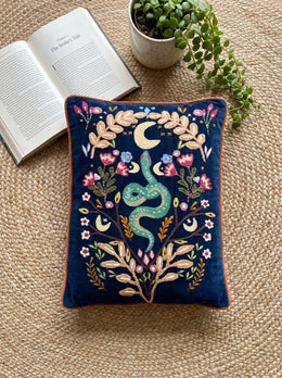 Blue Striped Embroidered Floral Snake Rectangle Cotton Cushion Cover