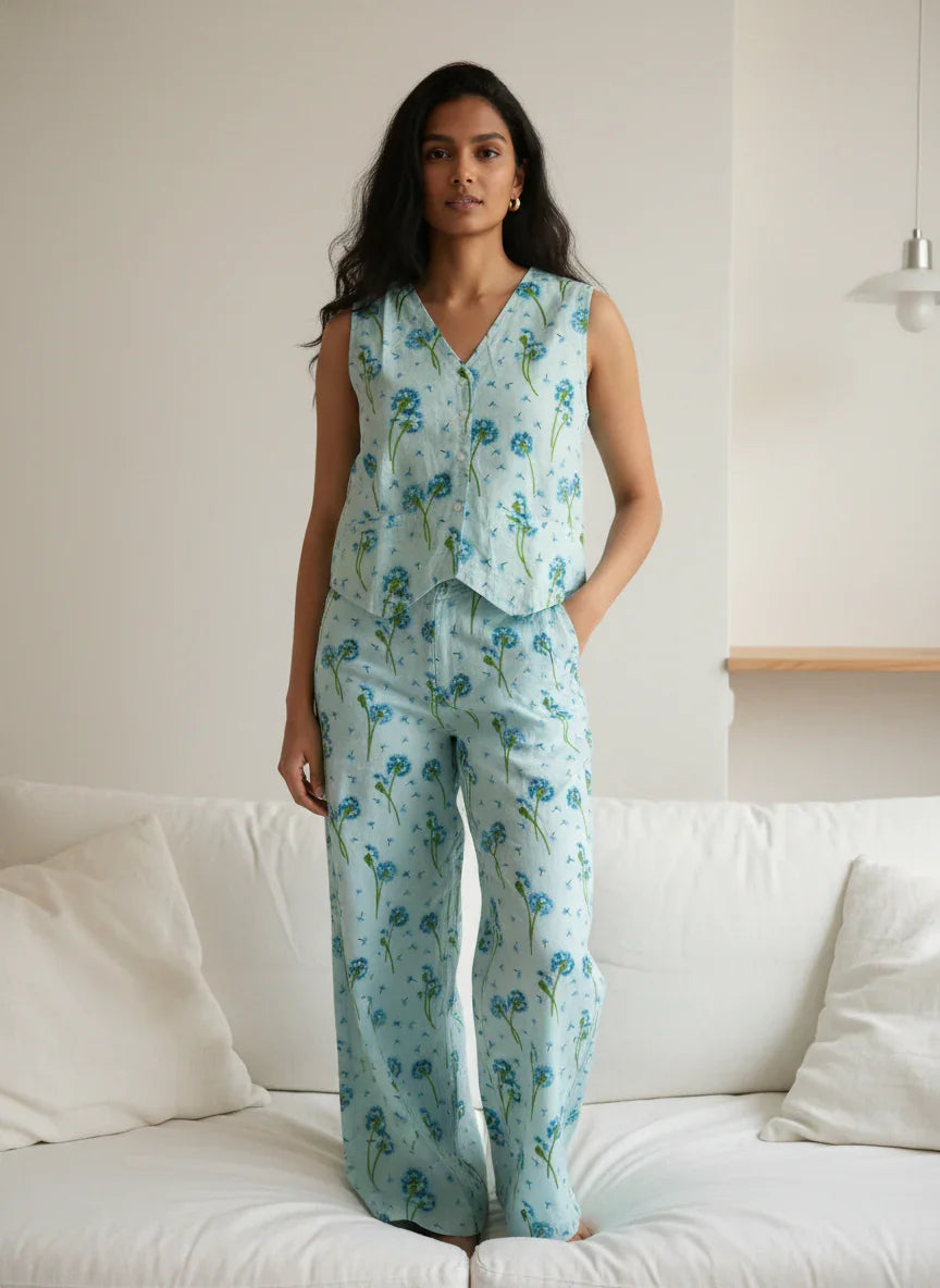 Blue Floral print V-Neck Pure Cotton Night Suit Set for Women - SanskrutiHomes 