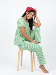 Green Striped Print Round Neck Pure Cotton Night Suit For Women