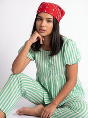 Green Striped Print Round Neck Pure Cotton Night Suit For Women