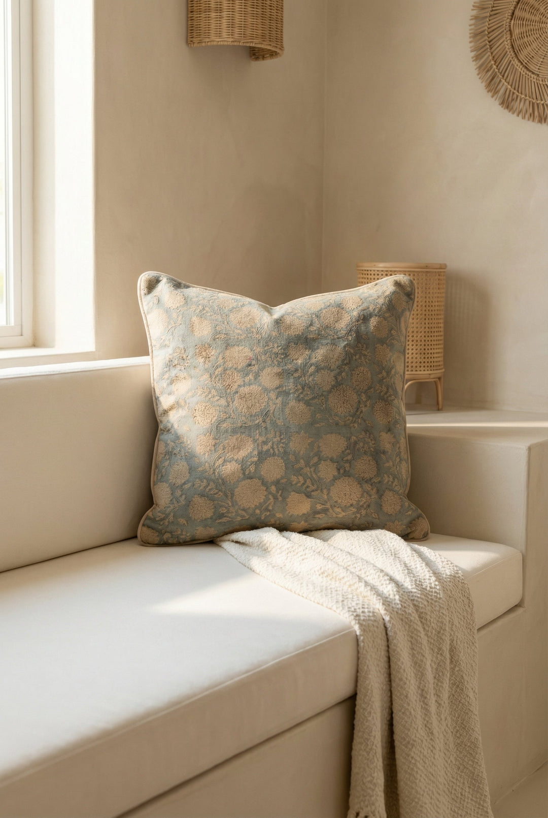 Grey Floral Squared Textured Velvet Cushion Cover With Elegant