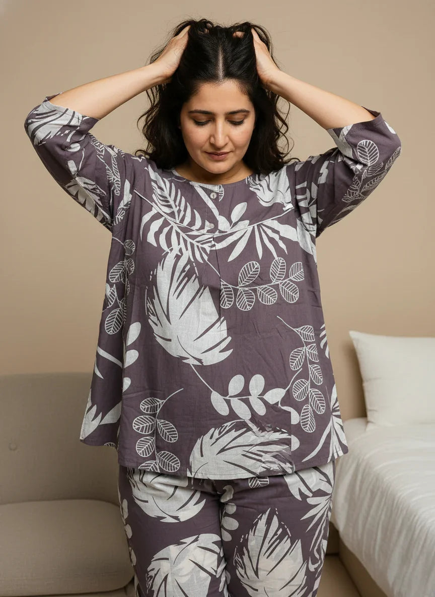 Purple Printed Round Neck Cotton Night Suit Set for Women - SanskrutiHomes 