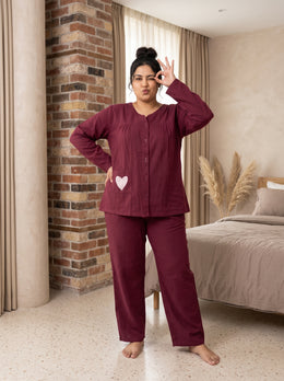 Maroon Heart Patch Scoop Neck Cotton Plus Size Night Suit  For Women