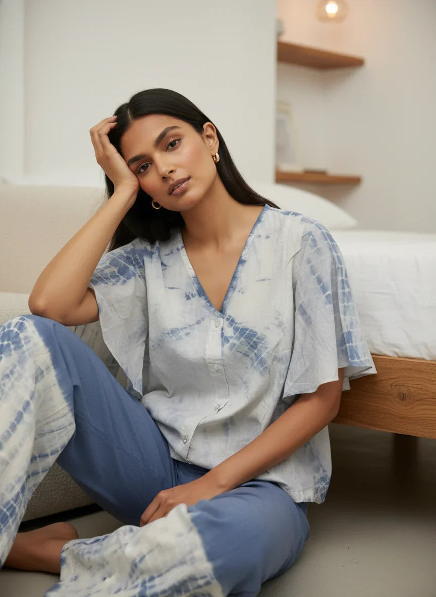 Blue Color Tie and Dye Pure Cotton Night Suit for Women - SanskrutiHomes 