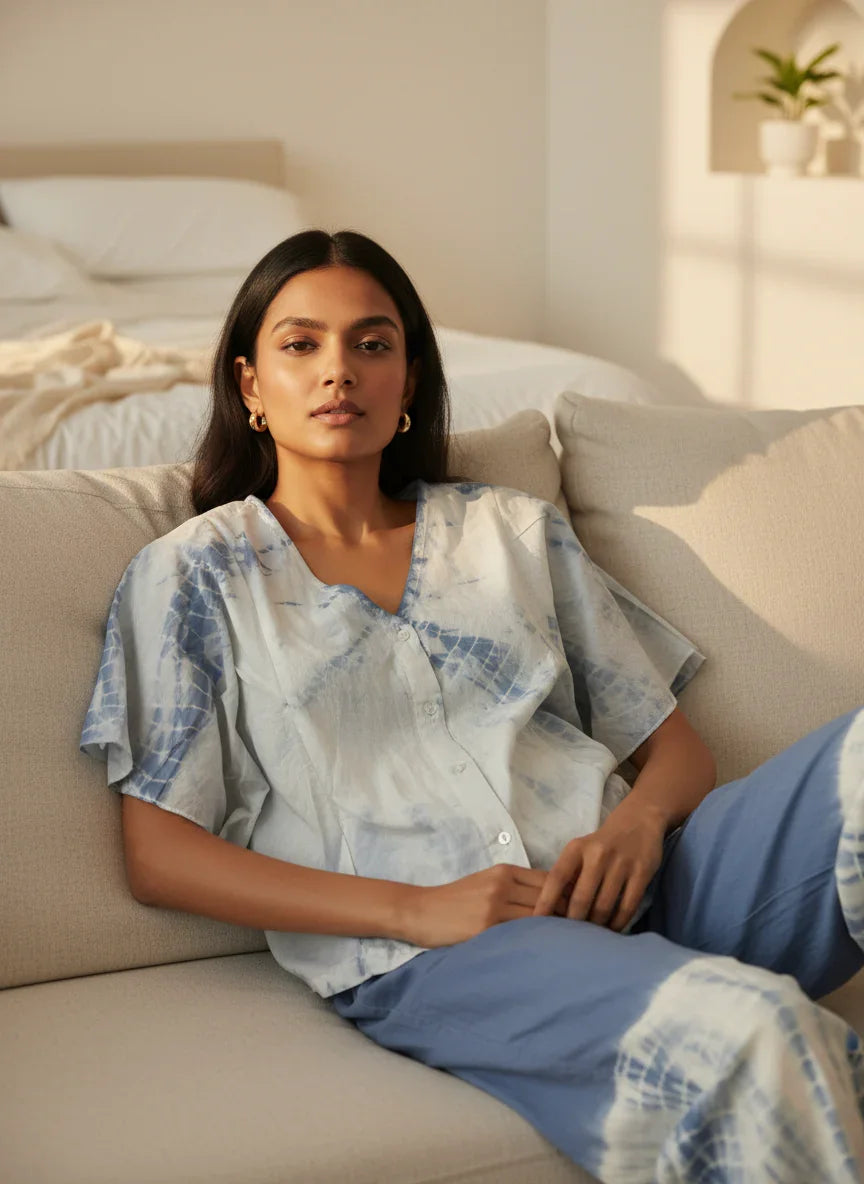 Blue Color Tie and Dye Pure Cotton Night Suit for Women - SanskrutiHomes 