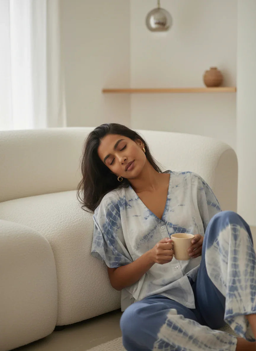Blue Color Tie and Dye Pure Cotton Night Suit for Women - SanskrutiHomes 