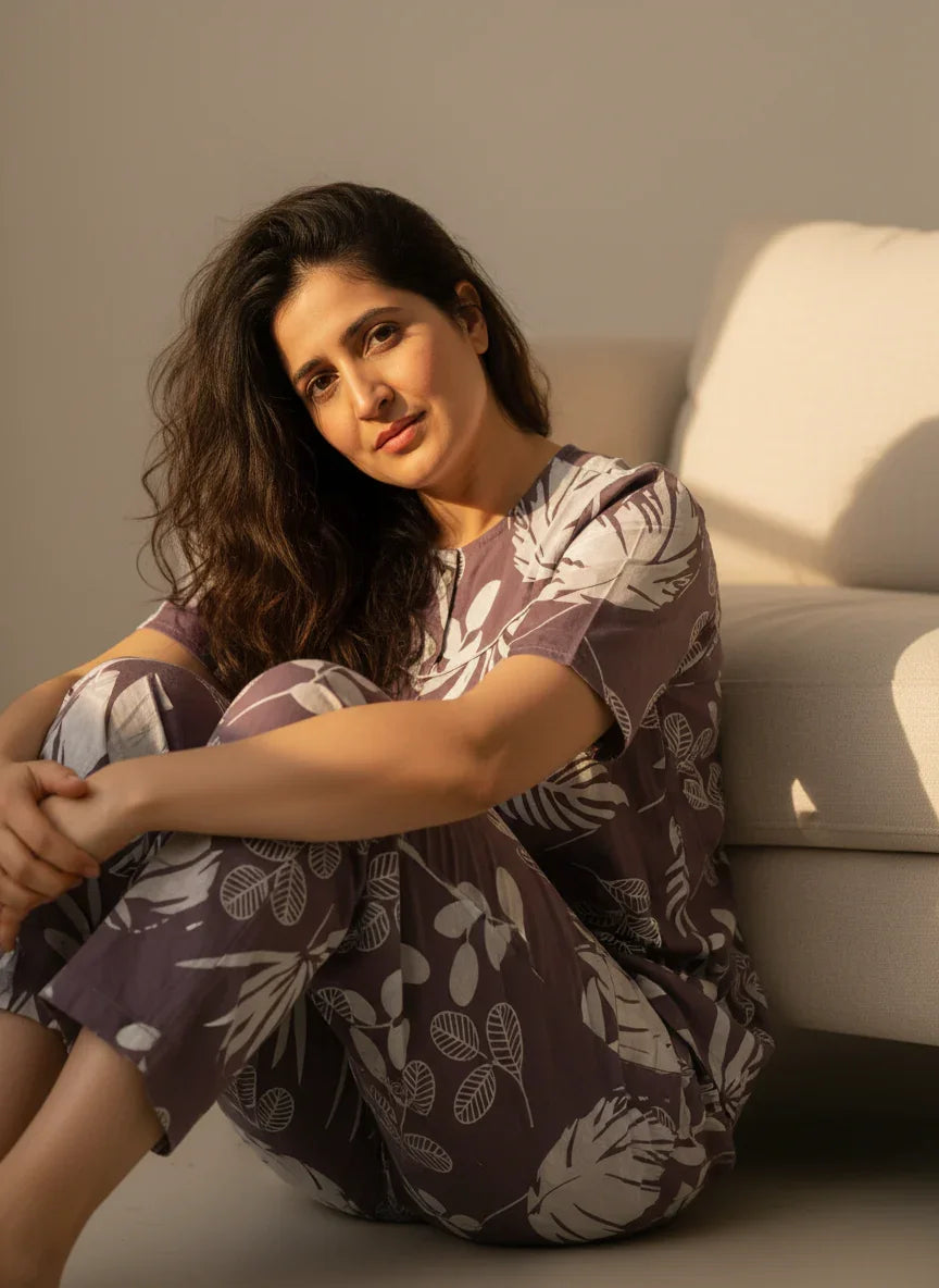 Purple Printed Round Neck Cotton Night Suit Set for Women - SanskrutiHomes 