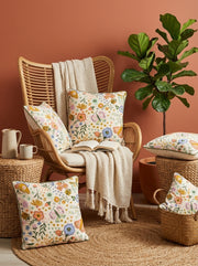 White Floral Printed Square Cotton Cushion Cover