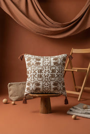 Brown & White  Ethnic Motifs Printed Cotton Cushion Cover With Tassel Accents