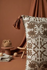 Brown & White  Ethnic Motifs Printed Cotton Cushion Cover With Tassel Accents