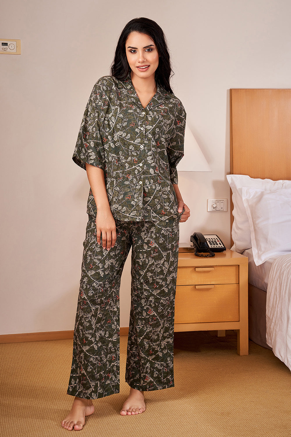 Dark Green Loose Fit  Night Suit Set