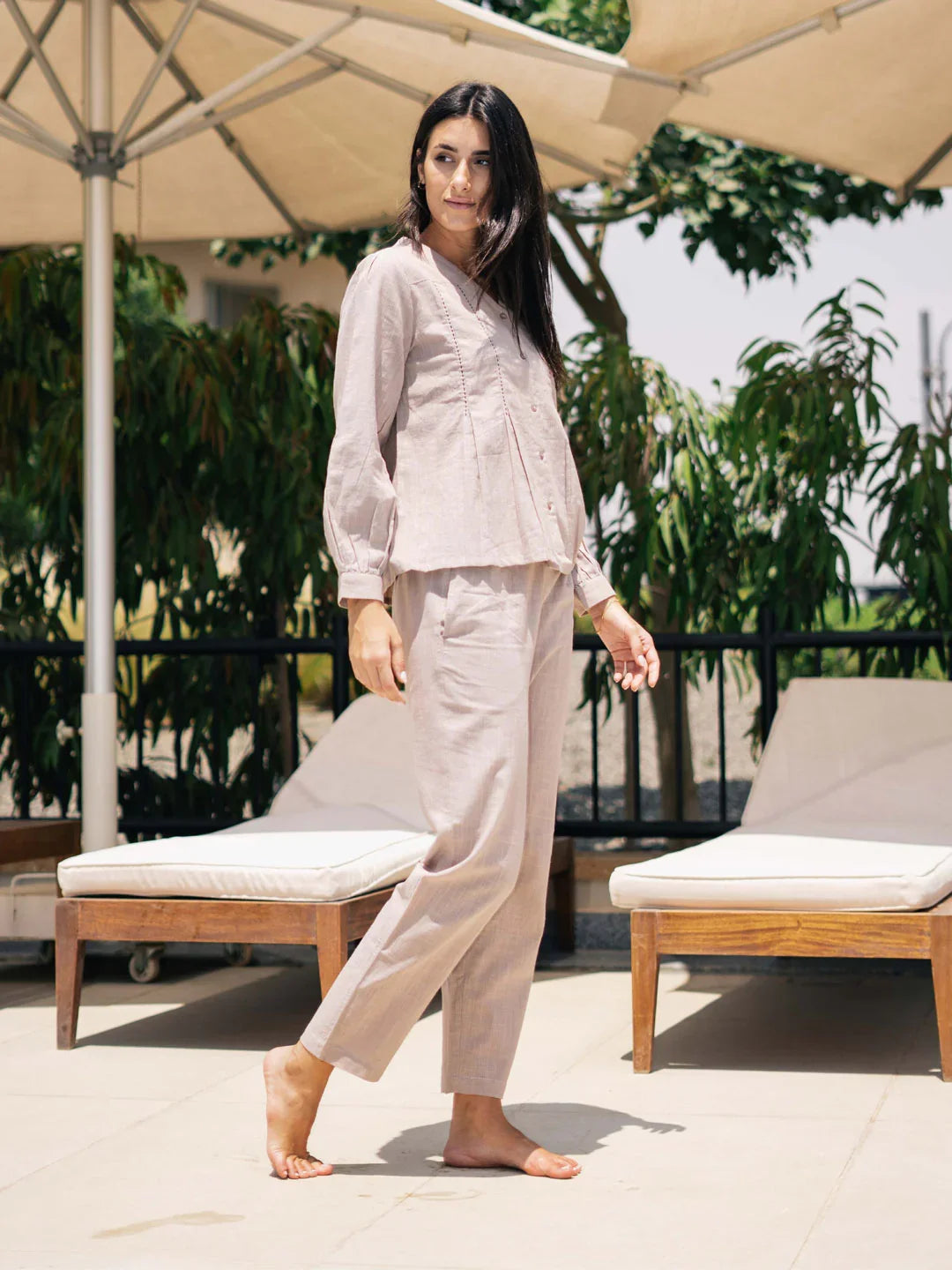 Women's Pure Cotton Beige Solid Print Night suits - SanskrutiHomes 