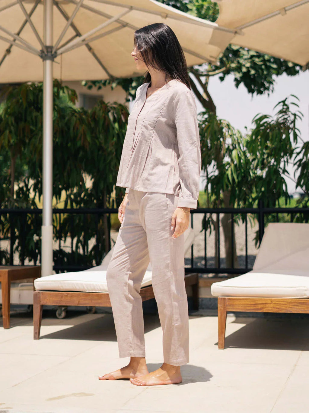 Women's Pure Cotton Beige Solid Print Night suits - SanskrutiHomes 