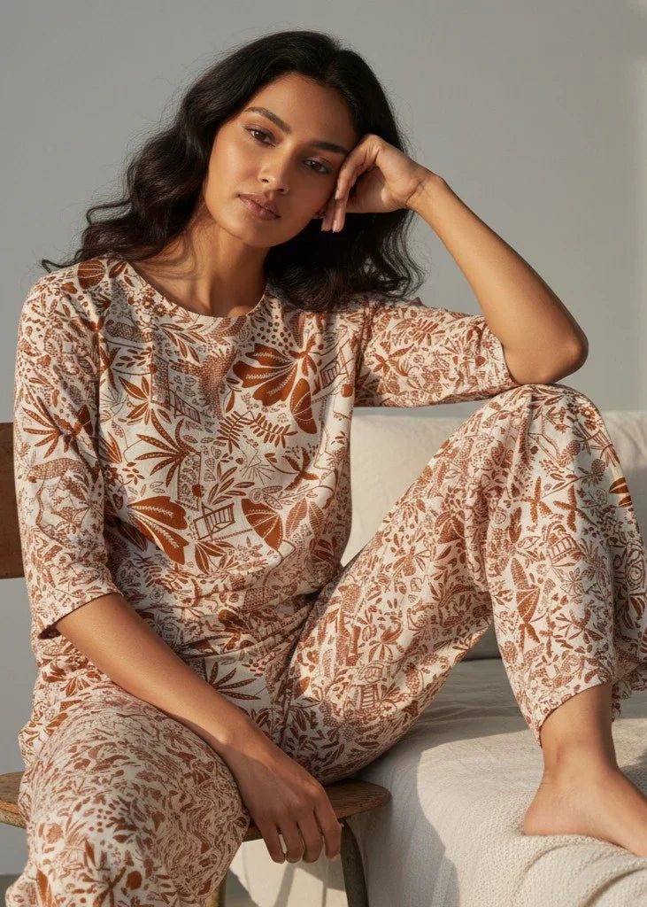 Orange Round Neck Printed Cotton Night Suit Set for Women - SanskrutiHomes 