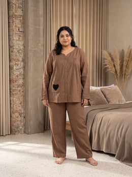 Brown Solid Notch Neck Cotton Plus Size Night Suit For Women