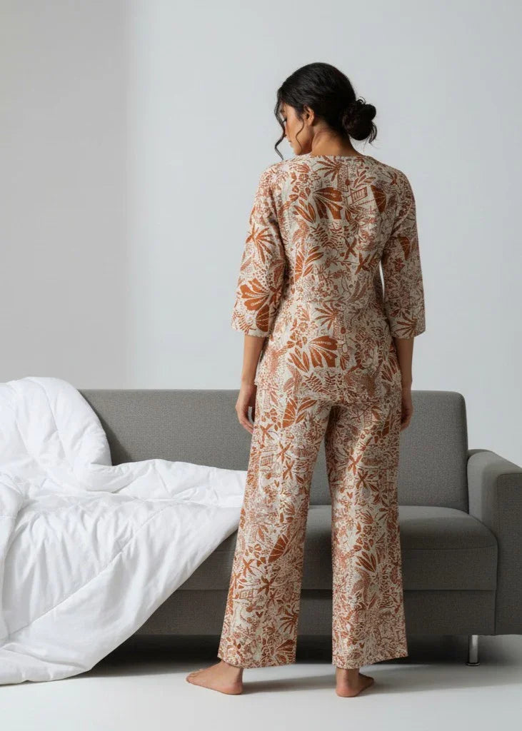 Orange Round Neck Printed Cotton Night Suit Set for Women - SanskrutiHomes 