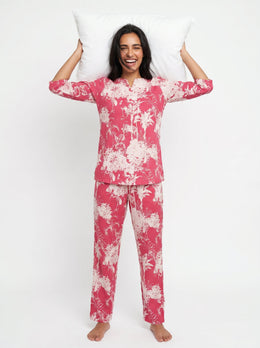 Pink Round Neck Tropical Print Pure Cotton Night Suit For Women
