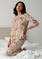 Orange Round Neck Printed Cotton Night Suit Set for Women - SanskrutiHomes 