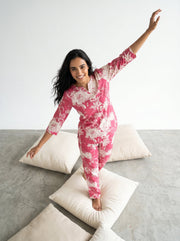 Pink Round Neck Tropical Print Pure Cotton Night Suit For Women