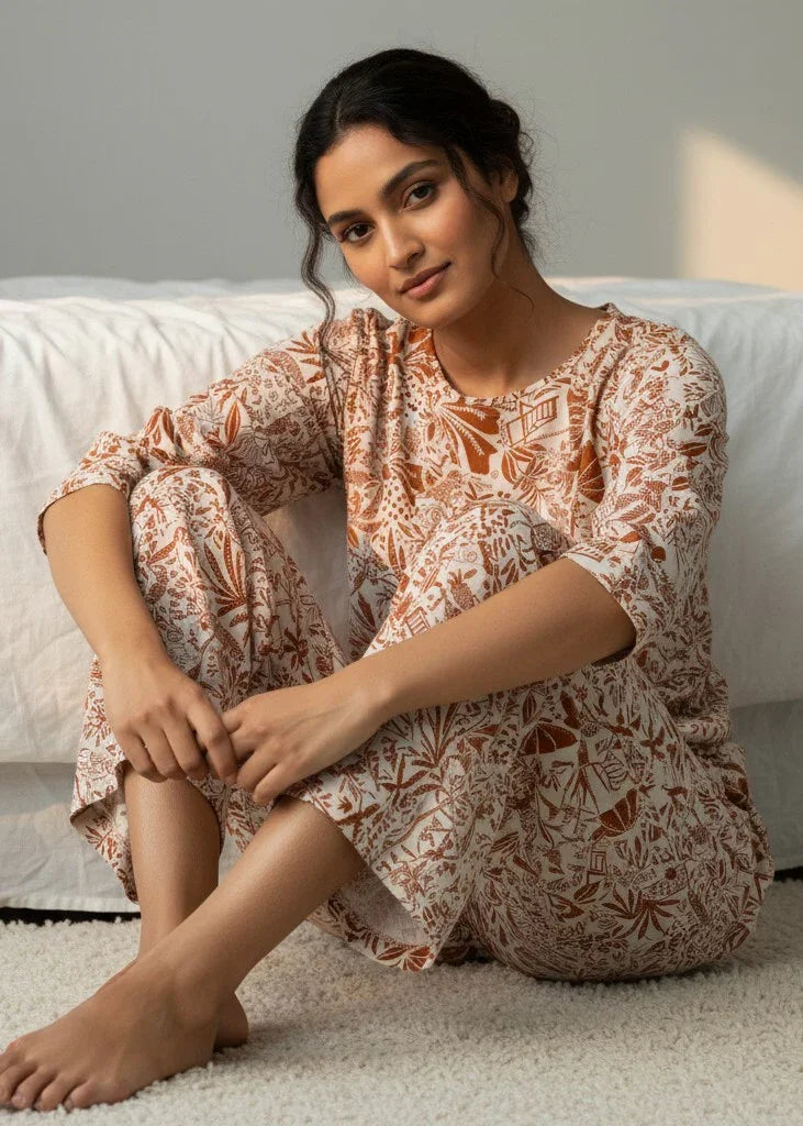 Orange Round Neck Printed Cotton Night Suit Set for Women - SanskrutiHomes 