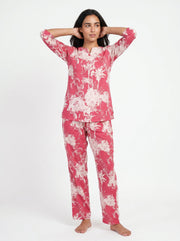 Pink Round Neck Tropical Print Pure Cotton Night Suit For Women