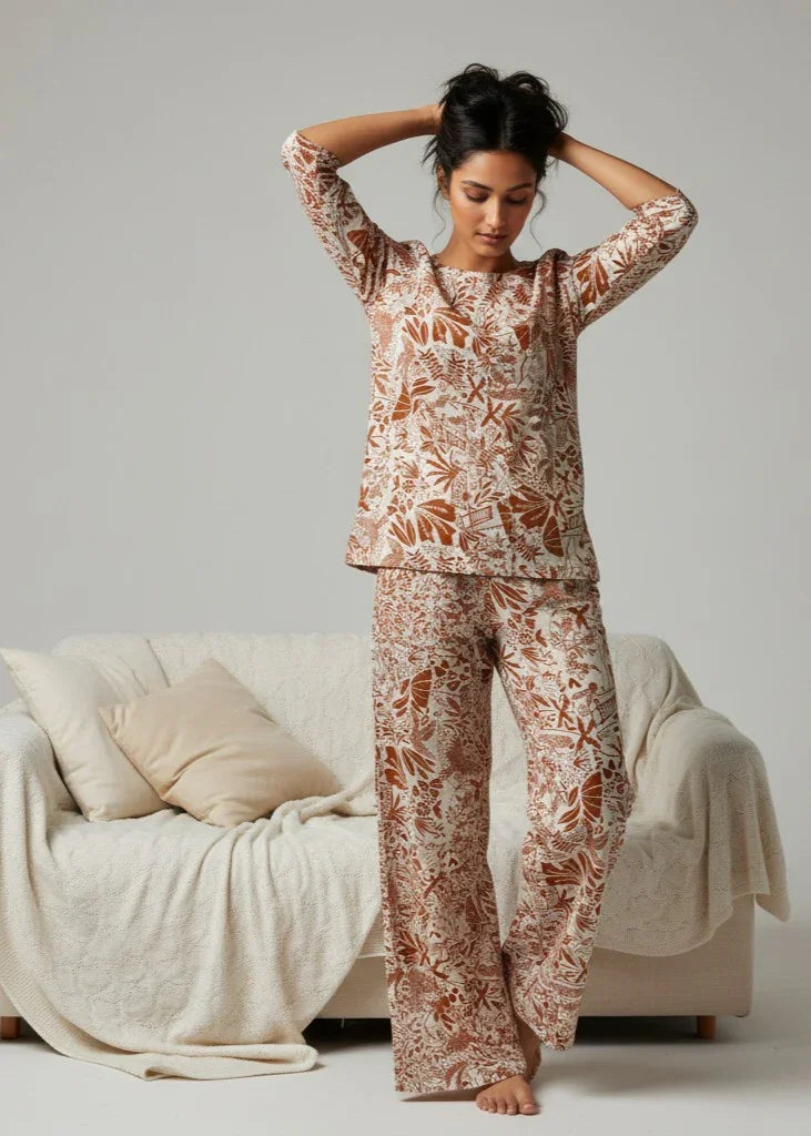 Orange Round Neck Printed Cotton Night Suit Set for Women - SanskrutiHomes 